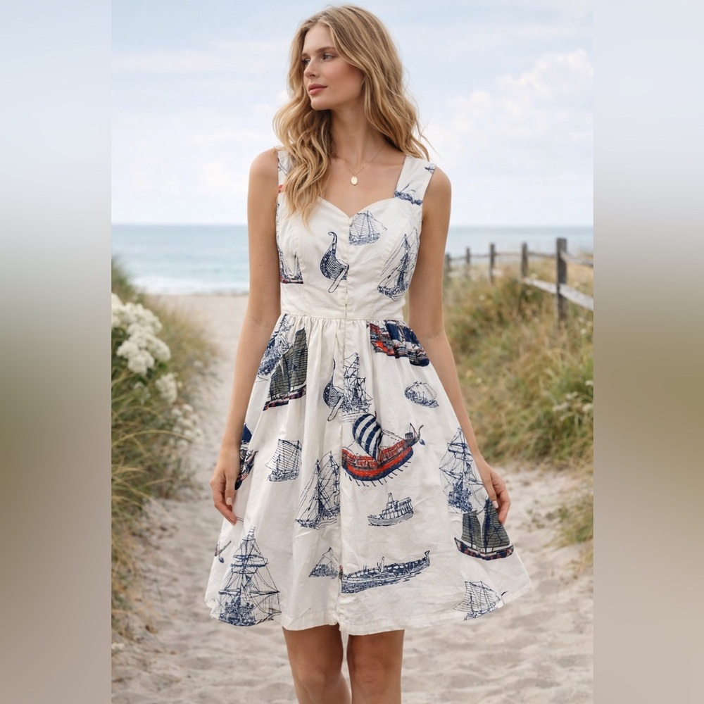 Anthropologie Girls from Savoy Sailboat Dress 8 Coastal Nautical Fit & Flare
